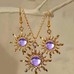 Princess Rapunzel, Tangled Purple & Gold Sun Necklace & Matching Earrings Set